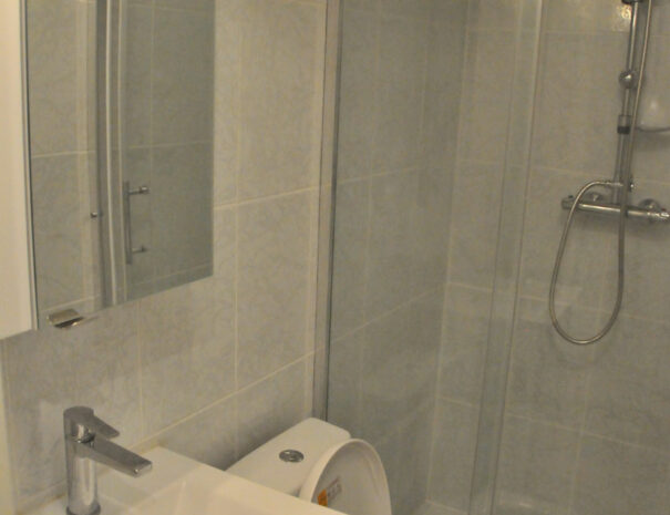 La salle de bain avec cabine de douche, toilettes et espace de rangement pour vos produits de toilettes au-dessus du lavabo
